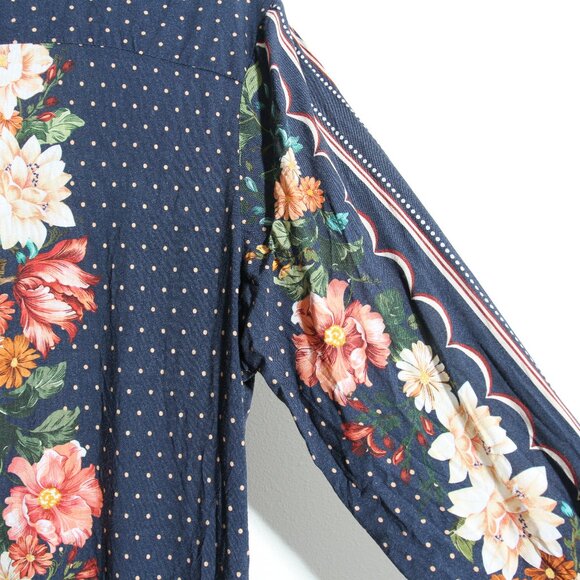 Farm Rio Floral Long Sleeve Shirt Blouse Button Up Floral Polka Dot Sz G / Large - Picture 12 of 15